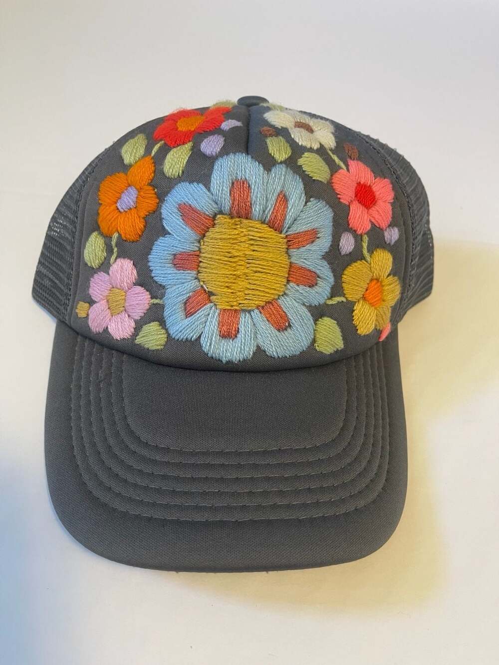 Lumily Tulum Hand Embroidered Floral Gray Hat Cap